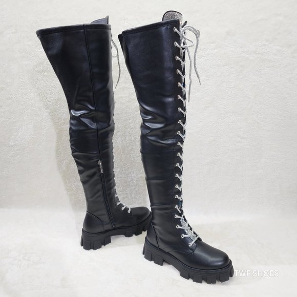 Roscoe Black Combat Thigh High Boots Iridescent Rhinestone Tongue Metallic Laces - Picture 7 of 14